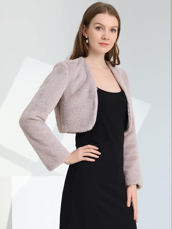 (Moda Outono) Allegra K レディース ファージャケット クロップド ボレロ | フェイクファー シュラッグ 秋冬コート ウェディング・イブニング対応 - 画像 (5)