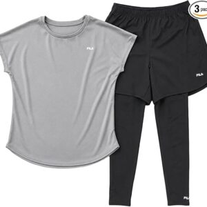 [FILA] 水陸両用フィットネスウェア 3点セット 312061N レディース | 半袖Tシャツ+ショートパンツ+レギンス UVカット率95%以上 速乾