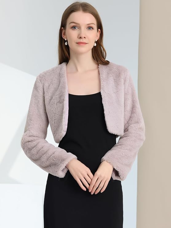 (Moda Outono) Allegra K レディース ファージャケット クロップド ボレロ | フェイクファー シュラッグ 秋冬コート ウェディング・イブニング対応 - 画像 (2)