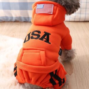 (Moda Outono) RIOSTUDIO（リオスタジオ） 犬服【③オレンジ / M】秋冬用 ロンパース フード付きスウェット | USA刺繍 アメリカン わんこ服・猫服