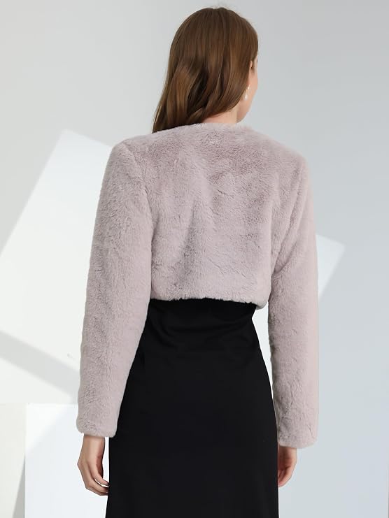 (Moda Outono) Allegra K レディース ファージャケット クロップド ボレロ | フェイクファー シュラッグ 秋冬コート ウェディング・イブニング対応 - 画像 (4)