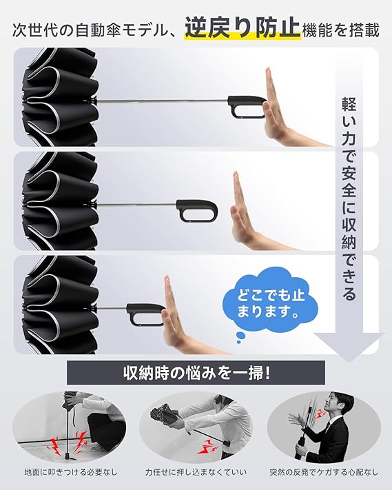 HAGOOGI 折りたたみ傘 FB-01 | 逆戻り防止 丈夫10本骨 逆折り式 大きいサイズ 超撥水 高密度310T生地 ワンタッチ自動開閉 - 画像 (2)