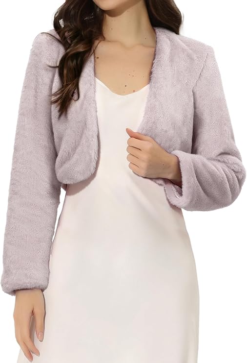 (Moda Outono) Allegra K レディース ファージャケット クロップド ボレロ | フェイクファー シュラッグ 秋冬コート ウェディング・イブニング対応